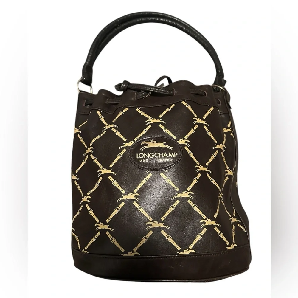 LONGCHAMP BROWN AND TAN LEATHER DRAWSTRING BUCKET SHOULDER BAG - Picture 2 of 6
